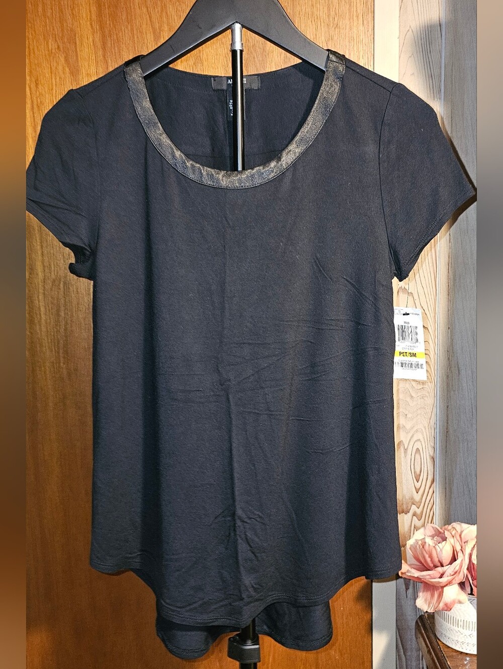 Alfani Black Short-Sleeve Petite Top with Shimmer Neckline